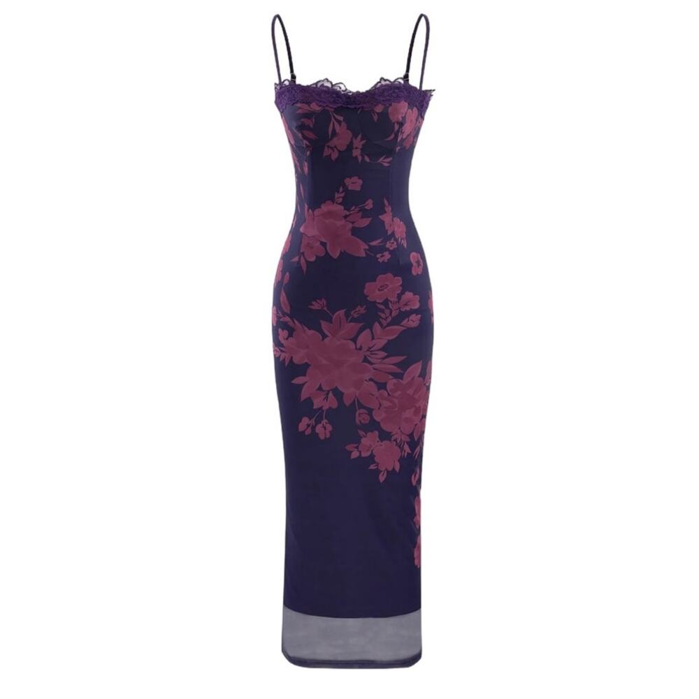 Micas Women's XL Purple Floral Print Lace Trim Slit Sleeveless Maxi Dress